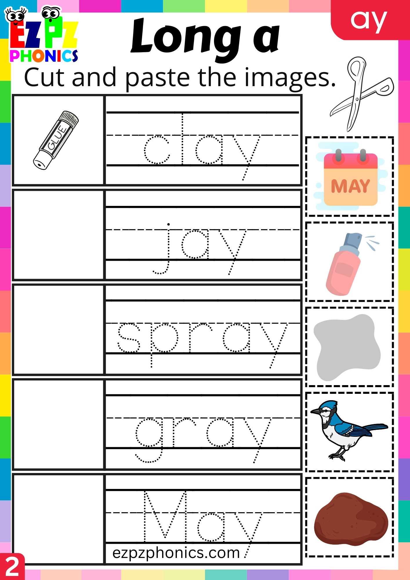 Group2 AY Words Cut And Paste The Images Long A Phonics Worksheet